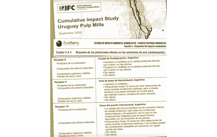 ámbito.com | Momento clave del informe del Banco Mundial. Es el cuadro donde se evalúa el impacto ambiental en las zonas argentinas por la emisión de gases desde las papeleras. Según el trabajo, no habría efectos en Gualeguaychú, y sólo habría mal olor en Ñandubaysal