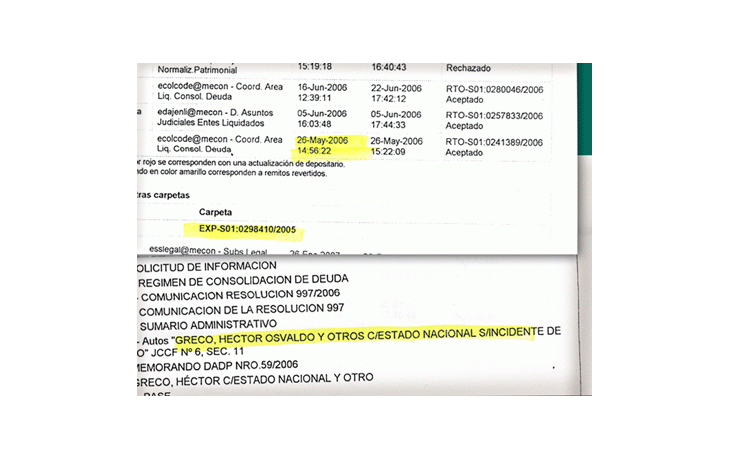 ámbito.com | Guía de registro interno de expedientes del Ministerio de Economía. Refleja el paso del caso Greco por los despachos, al menos desde mayo del año pasado.
