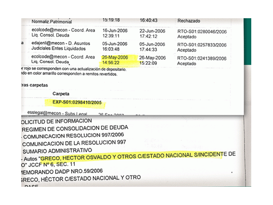 Guía de registro interno de expedientes del Ministerio de Economía. Refleja el paso del caso Greco por los despachos, al menos desde mayo del año pasado.