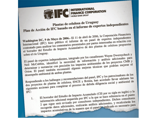 Facsímil del encabezamientodel plan de acciónde la Corporación FinancieraInternacional tendientea la elaboración delinforme del impactoambiental de las plantas decelulosa, que definirá laconcesión o no de créditossuperiores a los u$s 400millones.