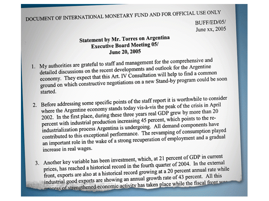 Carátula del informe confidencial al que accedió AmbitoFinanciero en el que el representante argentino ante elFMI, Héctor Torres, responde críticas del organismo.