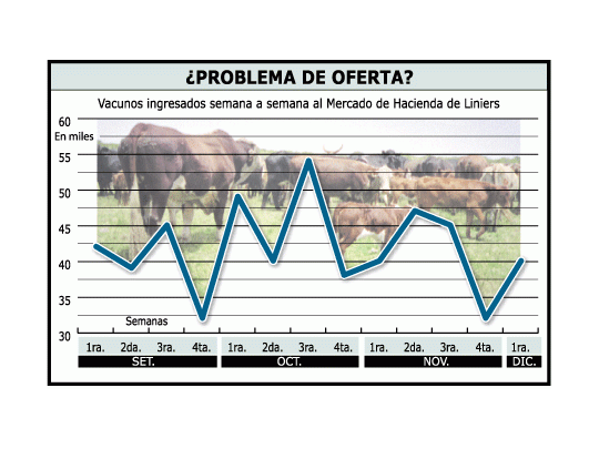 El gobierno ha hecho un seguimiento de la evolución de los ingresos en el mercado concentradorde Liniers durante los últimos meses y éste indica que la oferta cae durante la últimasemana del mes.