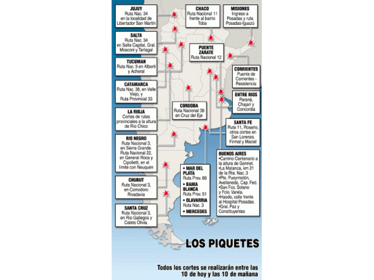 Los cortes de rutas programados para mañana