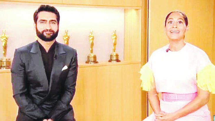Los actores Kumail Nanjiani y Tracee Ellis Ross durante los anuncios de los nominados por la Academia de Hollywood.