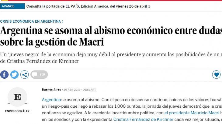Argentina se asoma al abismo económico, según el diario El País Argentina se asoma al abismo económico, según el diario El País
