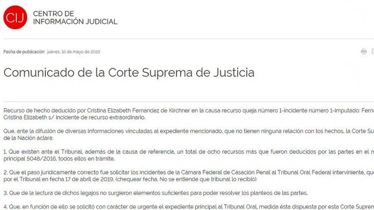 El comunicado de la Corte y las dos aclaraciones que se filtraron El comunicado de la Corte y las dos aclaraciones que se filtraron