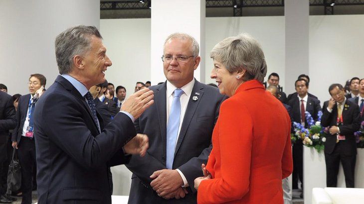 <p>Macri con Scott Morrison y Theresa May.</p>