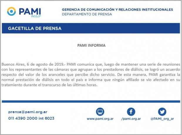 <p>El comunicado de prensa que difundió este martes el PAMI, donde se informa el acuerdo con los prestadores de diálisis.</p>