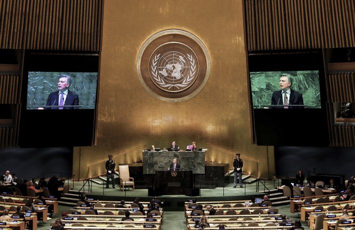 El presidente Mauricio Macri en la ONU al exponer su mensaje ante la 73° Asamblea General del organismo.