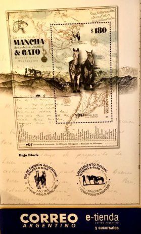 Campaña. Sello del Correo Argentino con las imágenes de Gato y Mancha, caballos criollos que marcharon desde Buenos Aires a Washington y Nueva York.