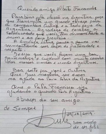 <p>El presidente electo, Alberto Fernández, hizo pública la carta que le envió Lula Da Silva a través de su cuenta de Twitter. </p>