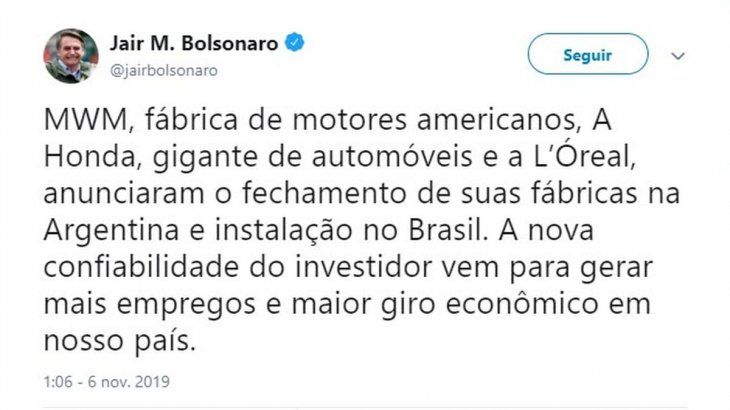 <p>El tuit que debió borrar Bolsonaro.</p>