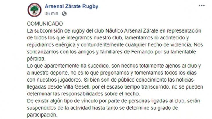 El comunicado del club Náutico Arsenal Zárate.