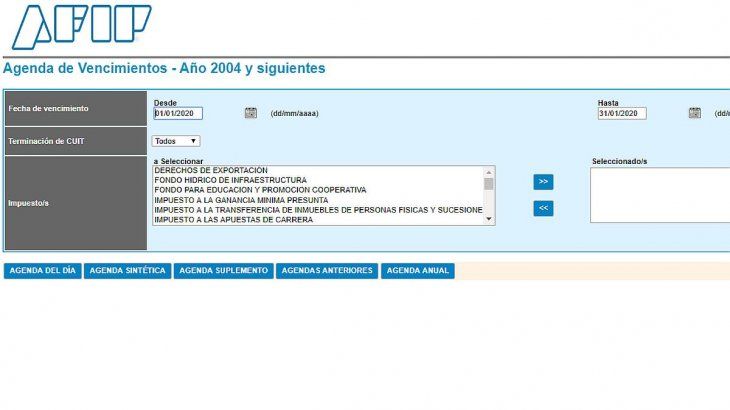 Al realizar la consulta en el calendario de vencimientos de impuestos de la AFIP, se puede averiguar el número de ley del tributo, el sujeto alcanzado (resolución), el Tipo de Régimen, el Régimen General, el acceso al aplicativo para pagarlos y el formulario requerido.
