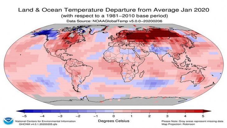 Mapa del registro de las temperaturas más cálidas en todo el mundo, difundido en el análisis que realizó la NOAA.