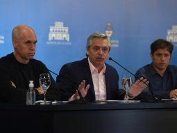 Horacio Rodríguez Larreta, Alberto Fernández y Axel Kicillof, durante la conferencia de prensa en la que explicaron las nuevas medidas para enfrentar al coronavirus. 