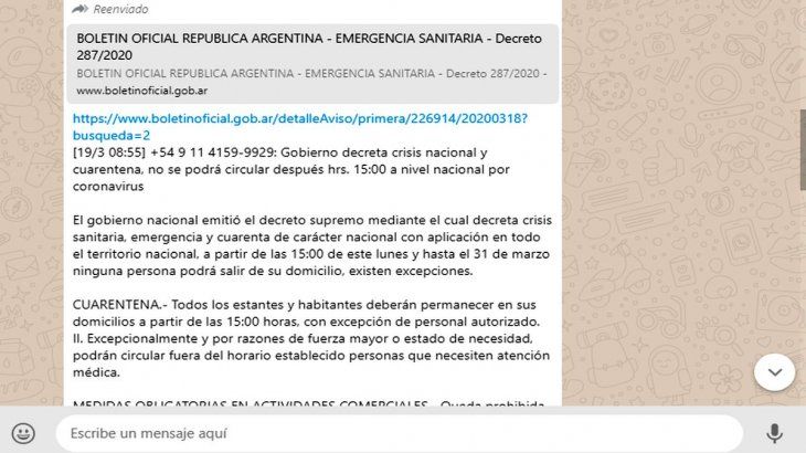 ALARMA. Texto falso que circula en Whatsapp sobre el decreto de cuarentena total