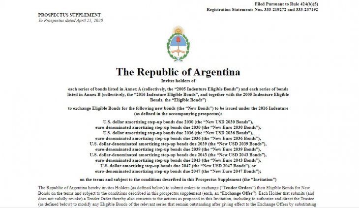 Argentina completó la oferta a bonistas ante la SEC y fijó fecha de vencimiento de la propuesta