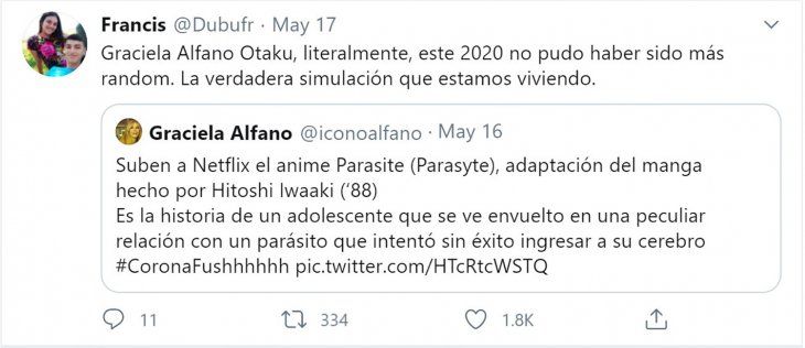 Este usuario de Twitter respondió con incredulidad a la recomendación de Alfano de ver el anime en Netflix.