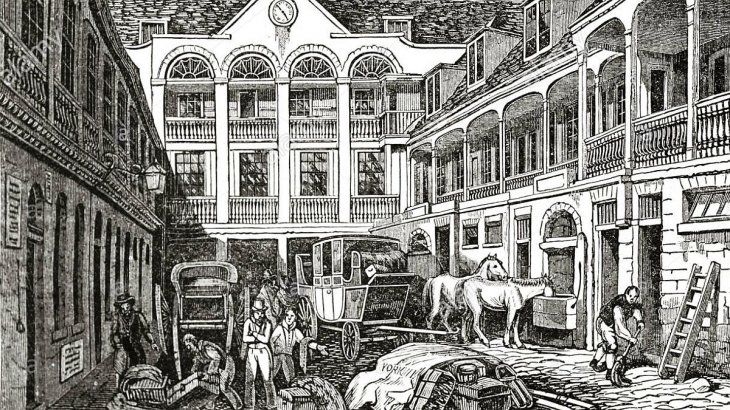 Ilustración de la vieja taberna Blue Boar ubicada en el barrio de Holborn, en Londres, realizada por Charles Knight y publicada por Penny Magazine en 1837. Para 1860 había unas 22 tabernas instaladas allí.