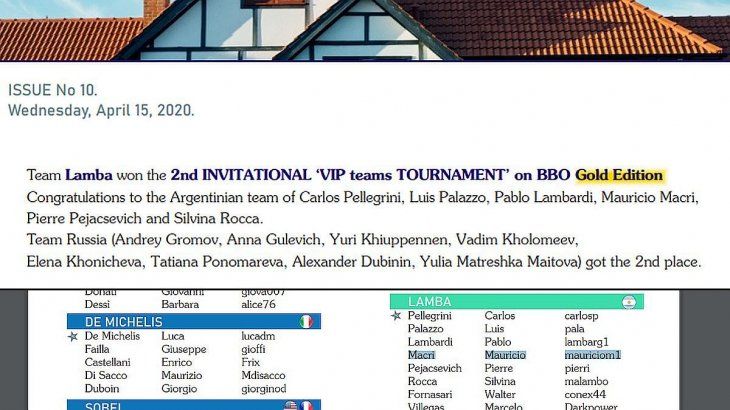 En algunos torneos internacionales de Bridge Mauricio Macri y sus compañeros juegan con el equipo LAMBA, en representación de Argentina.   