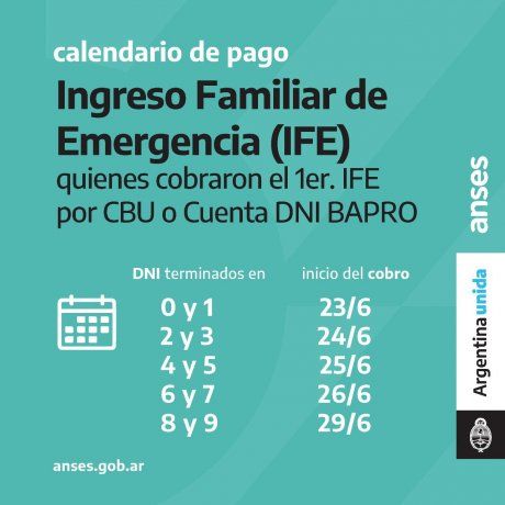 ANSES difundi&oacute; el cronograma de pago del Ingreso Familiar de Emergencia (IFE) de julio.