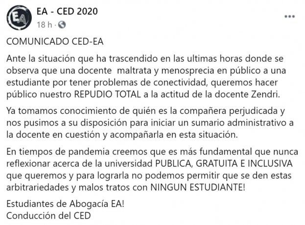 Luego de que se viralizó el video en Twitter, el centro de estudiantes de la Facultad de Ciencias Jurídicas y Sociales de la Universidad de La Plata emitió un comunicado.
