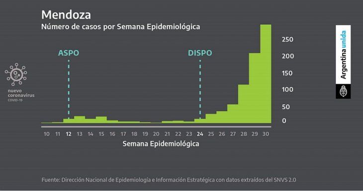 La cantidad de casos por semana en Mendoza pasó de 50 a más de 250.