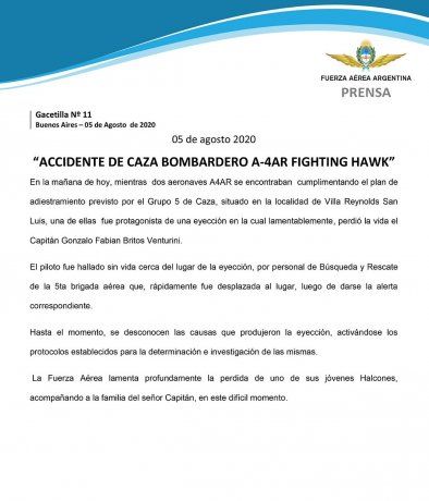 Comunicado oficial de la Fuerza A&eacute;rea Argentina sobre la muerte del piloto este mi&eacute;rcoles.