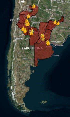 Mapa generado por el Sistema Nacional de Alerta y Monitoreo de Emergencias de los focos de incendios.