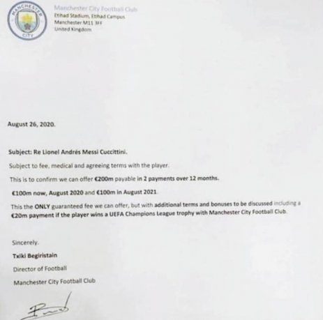 La revista suiza L'Illustre publicó la oferta que el pasado 26 de agosto le hizo llegar el Manchester City al Barcelona para contratar a Lionel Messi.