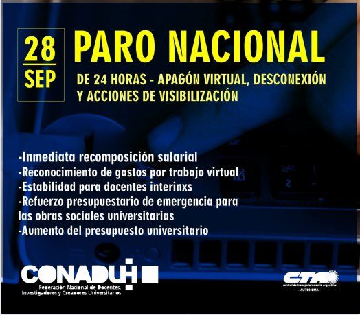 Convocatoria de Conadu Histórica para un paro nacional el lunes 28.
