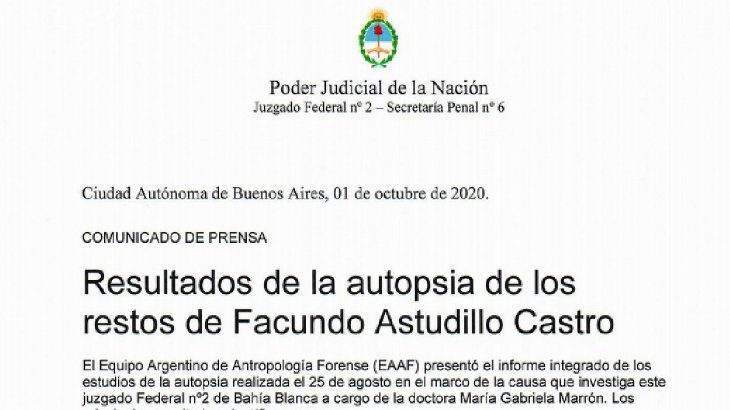 El juzgado federal N°2 dio a conocer detalles de la autopsia al cuerpo de Facundo Astudillo Castro. 