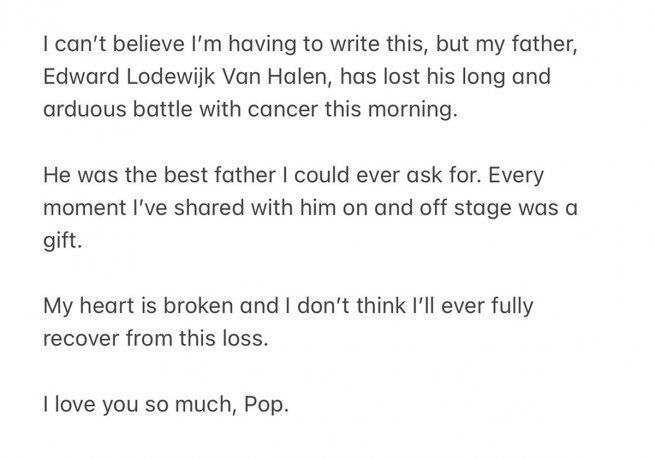 El hijo de la estrella de rock confirmó su fallecimiento mediante un posteo en Twitter.