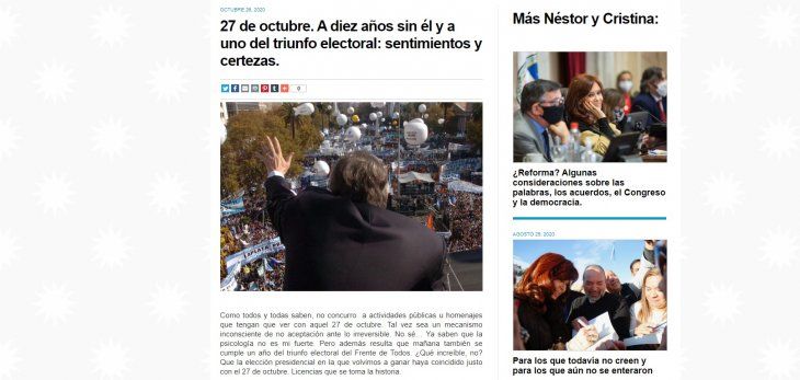 27 de octubre: la carta de Cristina por el aniversario de la muerte de Kirchner y el año del triunfo electoral