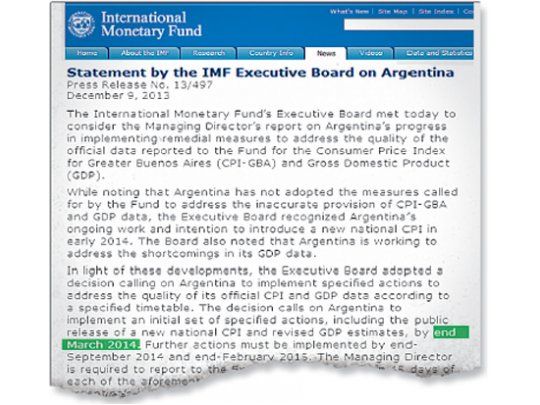 El FMI emitió ayer un comunicado en el que explicita el nuevo cronograma que tendrá que cumplir la Argentina para que sus cifras de inflación y PBI sean creíbles. Comienza en marzo de 2014.