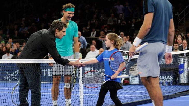 Ben Stiller and a girl were Rafa Nadal and Potro's companions in an exhibition duel.