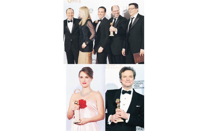 Arriba, el equipo victorioso de «Red social». Debajo, Natalie Portman y Colin Firth, ganadores de interpretación en «El cisne negro» y «The King’s Speech» respectivamente, únicos Globos que recibieron estos films pese a los pronósticos.