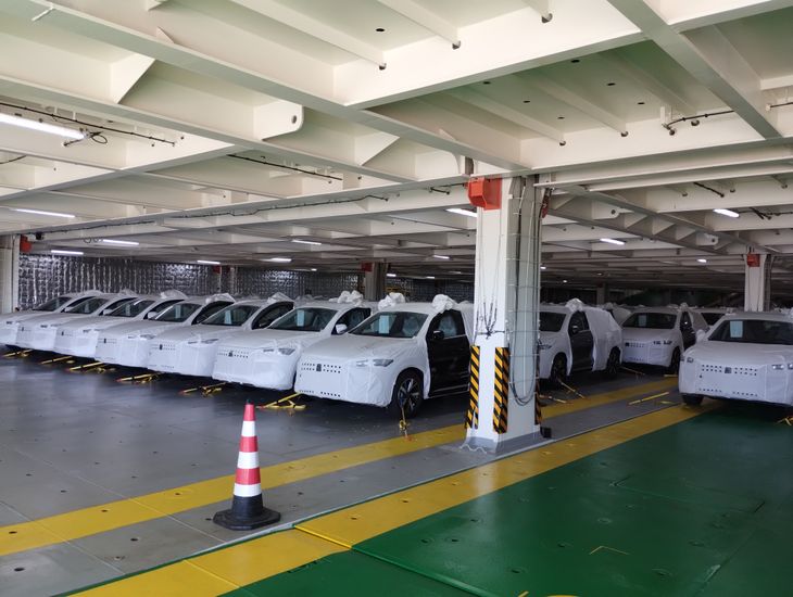 Unidades BYD en Z&aacute;rate, aseguradas en la bodega del buque durante la traves&iacute;a desde Asia, en uno de los mayores desembarcos de veh&iacute;culos electrificados del mercado local