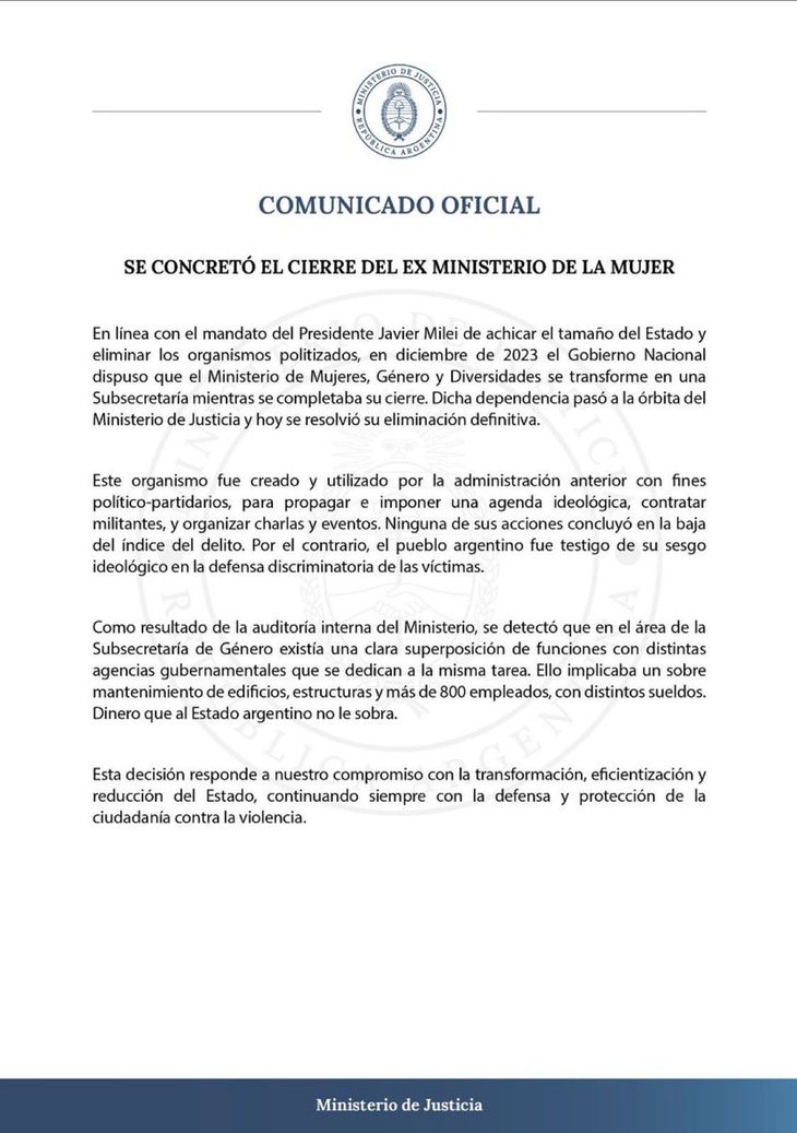 Comunicado oficial que confirma el cierre de la Subsecretaría de Protección contra la Violencia de Género. 