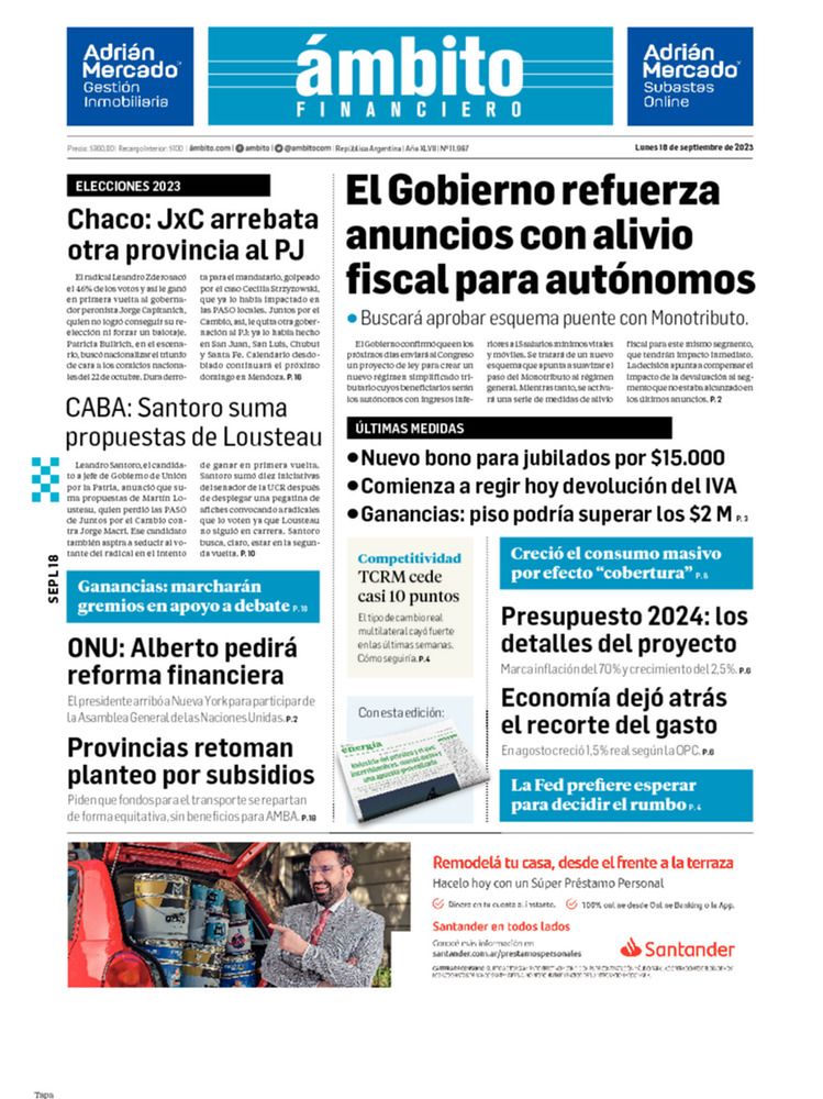 ámbito.com | Tapa Edicion Impresa del 2023-09-18