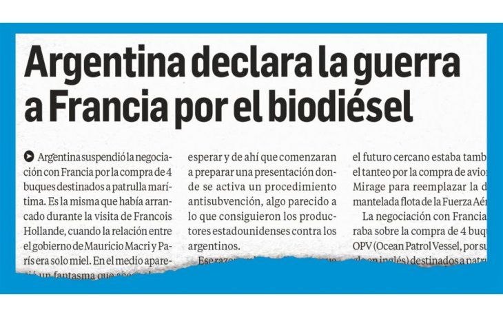 ámbito.com | CRISIS. Este diario adelantó hace una semana los problemas entre la Argentina y Francia, en medio de la negociación por la compra de cuatro buques. A la protesta francesa por el biodiésel le sucedió una oferta española.