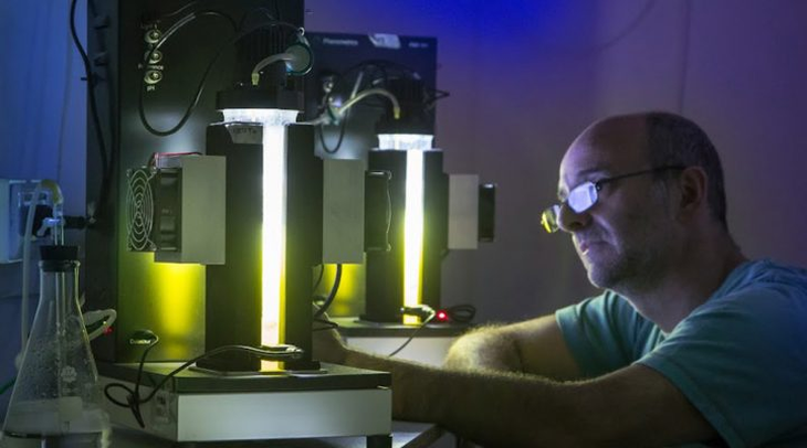 El investigador del INBIOTEC-CONICET Leonardo Curatti analizando la productividad algal en condiciones de clima simulado en fotobiorreactores ambientales. El investigador del INBIOTEC-CONICET Leonardo Curatti analizando la productividad algal en condiciones de clima simulado en fotobiorreactores ambientales.