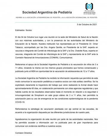 Comunicado de la Sociedad Argentina de Pediatría.