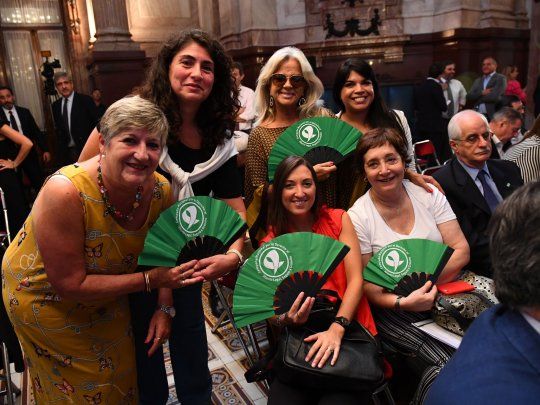 Senadores del Frente de Todos con abanicos de la Campaña Nacional por el Aborto Legal. 