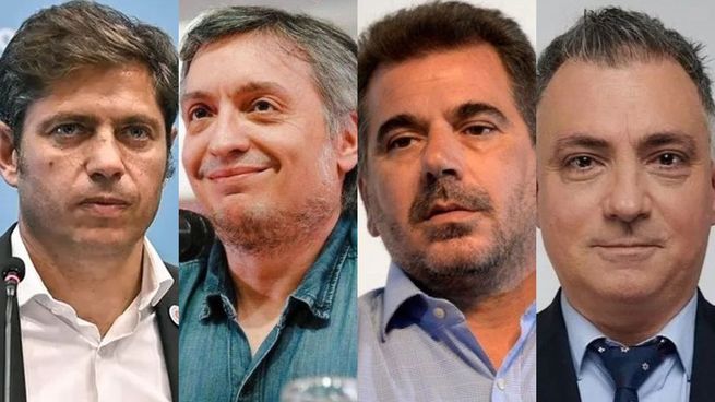 El gobernador Axel Kicillof, los diputados Máximo Kirchner y Cristian Ritondo, y el armador libertario, Sebastián Pareja. 