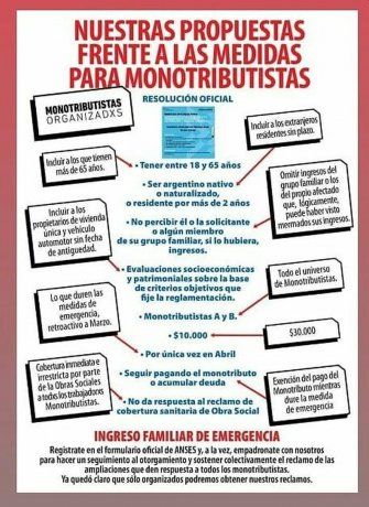 Infografía de Monotributistas Organizados donde se plantean los reclamos al Gobierno.