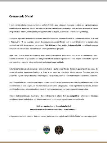 Comunicado oficial donde se informa que Atlético La Paz acaba de adquirir al club de segunda división de Portugal Depotivo Chaves. Comunicado oficial donde se informa que Atlético La Paz acaba de adquirir al club de segunda división de Portugal Depotivo Chaves.