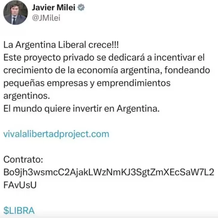 El mensaje de Javier Milei promocionando el criptoactivo.