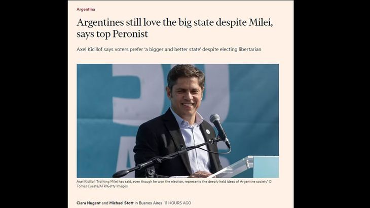 La portada del artículo del Financial Times sobre Axel Kicillof. 